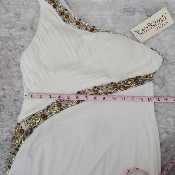 Tony Bowls White Gold Evening Prom Gown Size 10 - Picture 7 of 14